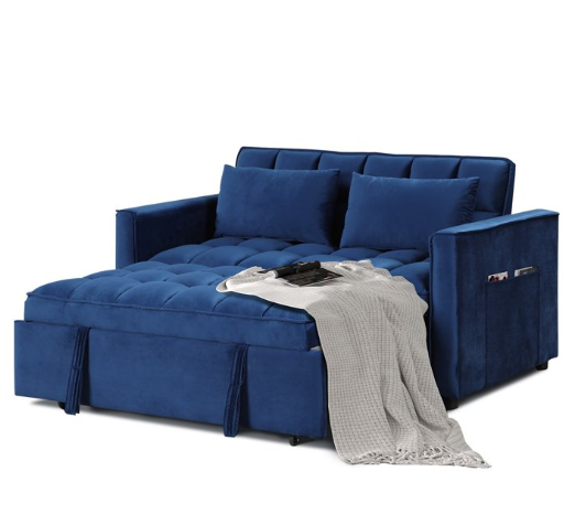 Bonzy home Modern Convertible Sofa Bed with Pull Out Bed, Velvet Convertible Sofa Bed with Adjustable Backrest, Folding Pillows and Side Pockets, Upholstered Sofa Chair for Living Room Office, Blue