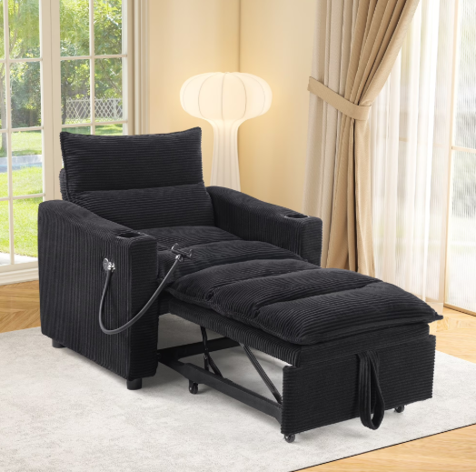 Ebello 3-in-1 Convertible Sleeper Sofa Chair Bed with Cup Holders & USB Ports - Space Saving Corduroy Futon Couch ,Adjustable Backrest, Easy Assembly(Black-H002)