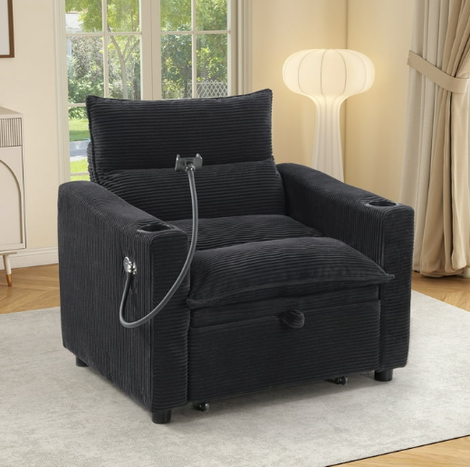 Ebello 3-in-1 Convertible Sleeper Sofa Chair Bed with Cup Holders & USB Ports - Space Saving Corduroy Futon Couch ,Adjustable Backrest, Easy Assembly(Black-H002)