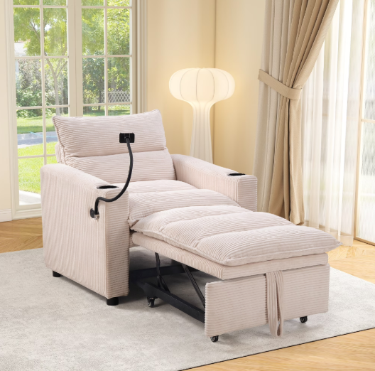 Ebello 3-in-1 Convertible Sleeper Sofa Chair Bed with Cup Holders & USB Ports - Space Saving Corduroy Futon Couch ,Adjustable Backrest, Easy Assembly(White-H002)