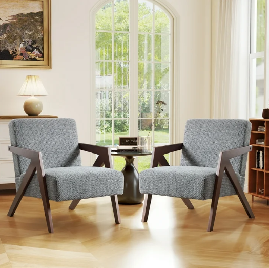 Bonzy Home Modern Accent Chairs Set of 2 – Small Plaid Fabric Armchairs for Living Room, Bedroom, Office, 300lbs (Gray)