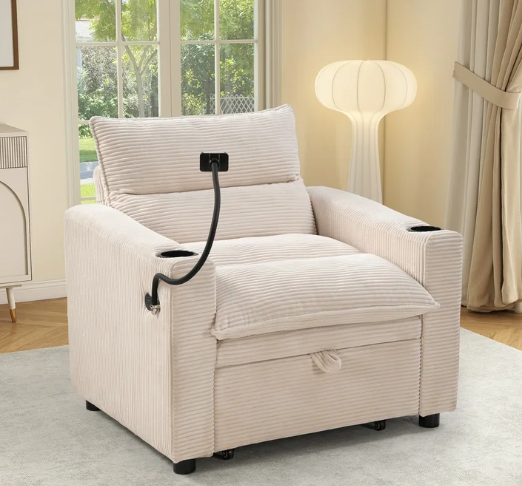 Ebello 3-in-1 Convertible Sleeper Sofa Chair Bed with Cup Holders & USB Ports - Space Saving Corduroy Futon Couch ,Adjustable Backrest, Easy Assembly(White-H002)