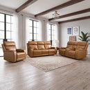 Bonzy Home Genuine Leather Power Recliner, Loveseat and Sofa Combo with USB Ports, Cup Holders and Armrest Storage for Living Room, Caramel Brown