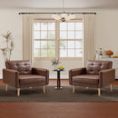Bonzy Home Tufted Accent Armchair Set of 2 — PU Faux Leather Upholstered Mid-Century Modern Club Chair with Solid Wood Legs, Comfy Lounge Chairs for Living Room Bedroom Study, Brown