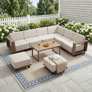 Bonzy Home Outdoor Wicker Sofa Set, Rattan Patio Conversation Sets - 6 Seater L-Shaped Wicker Sofa with Corner Seating, Rectangular Coffee Table and 2 Ottomans, Beige