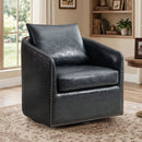 Bonzy Home 360° Swivel Accent Chair with Throw Pillow, PU Leather Mid Century Modern Armchair with Rivets, Comfy Swivel Barrel Chair for Living Room Bedroom, Navy