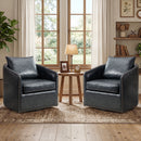Bonzy Home 360° Swivel Accent Chair Set of 2 with Throw Pillow, PU Leather Mid Century Modern Armchair with Rivets, Comfy Swivel Barrel Chair for Living Room Bedroom, Navy