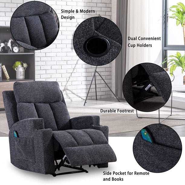 Massage Mannual Recliner Chairs Black with Cup Holders and Heat for Living Room