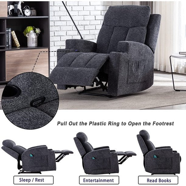 Massage Mannual Recliner Chairs Black with Cup Holders and Heat for Living Room