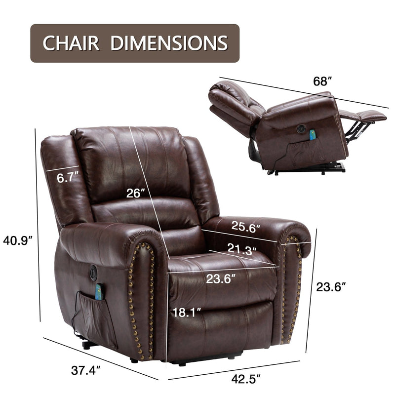 power lift recliner with massage and heat brown faux leather