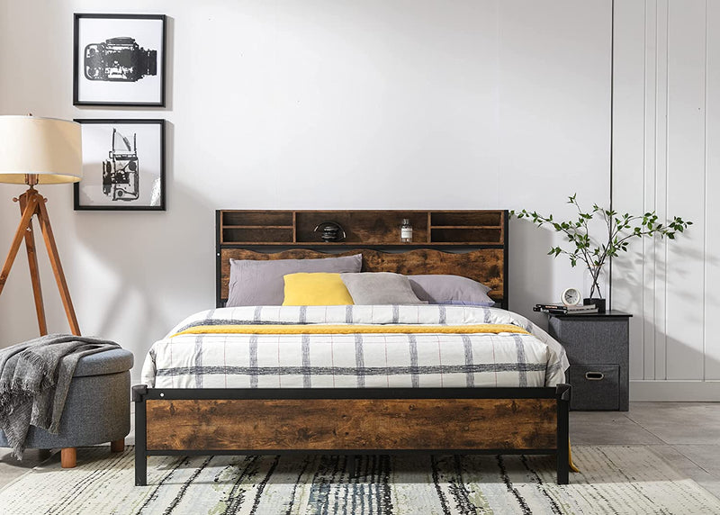 Bed Frame with Storage Headboard, Mattress Foundation with Rustic Vintage Wood
